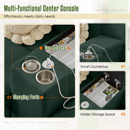 FFH 120&quot; U-Shaped Sectional Sofa with USB &amp; Storage, Living Room 4-Seater Couch with Double Chaise Lounge, Cup Holders, Green Corduroy