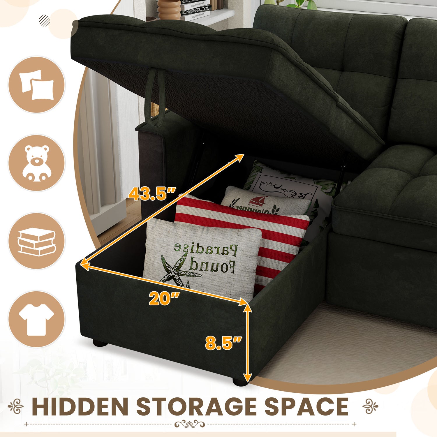 FFH Convertible Sofa Bed, Sectional Sleeper Sofa with Storage Chaise, L-Shaped Couch for Living Room, Green Chenille