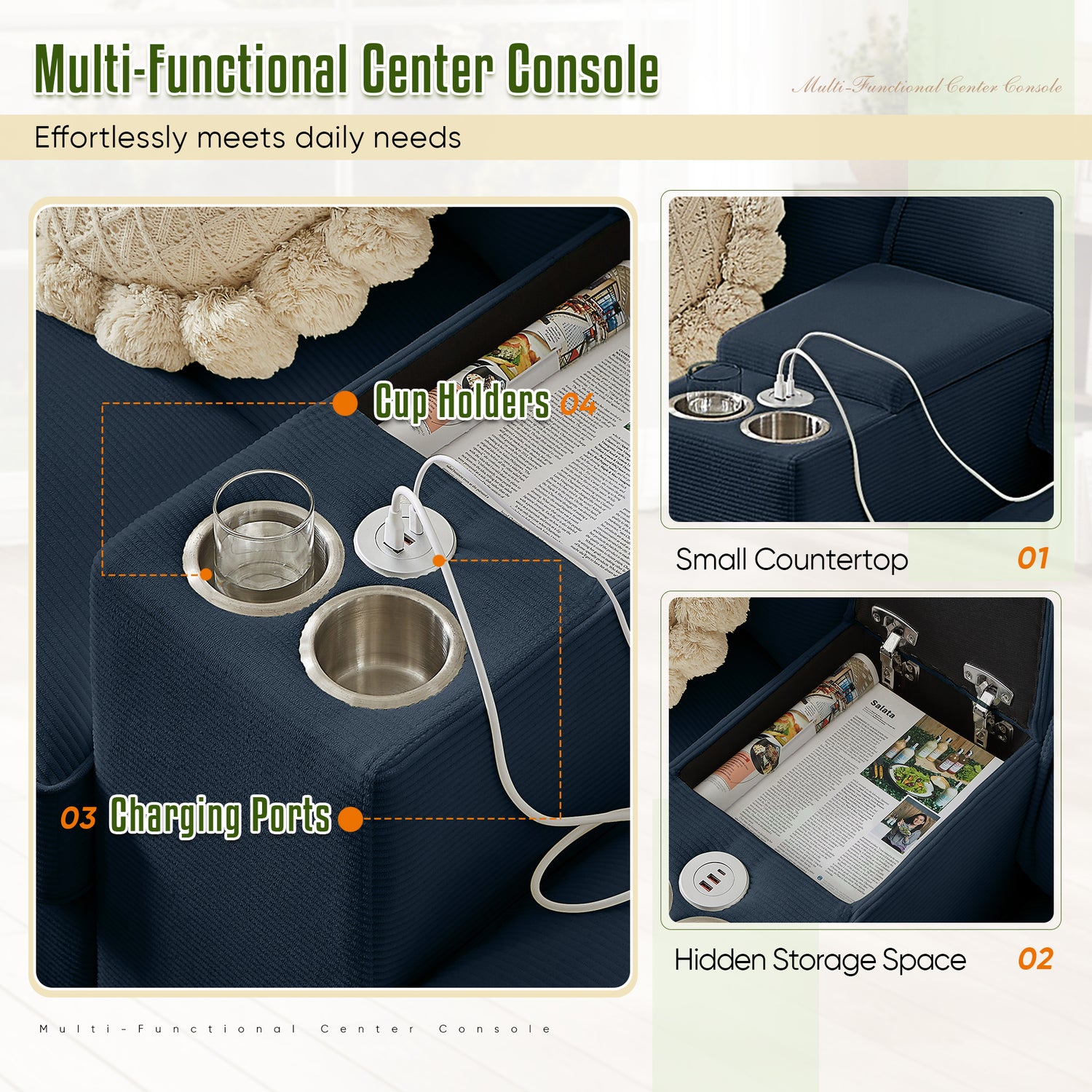 FFH 120" U-Shaped Sectional Sofa with USB &amp; Storage, Living Room 4-Seater Couch with Double Chaise Lounge, Cup Holders, Blue Corduroy