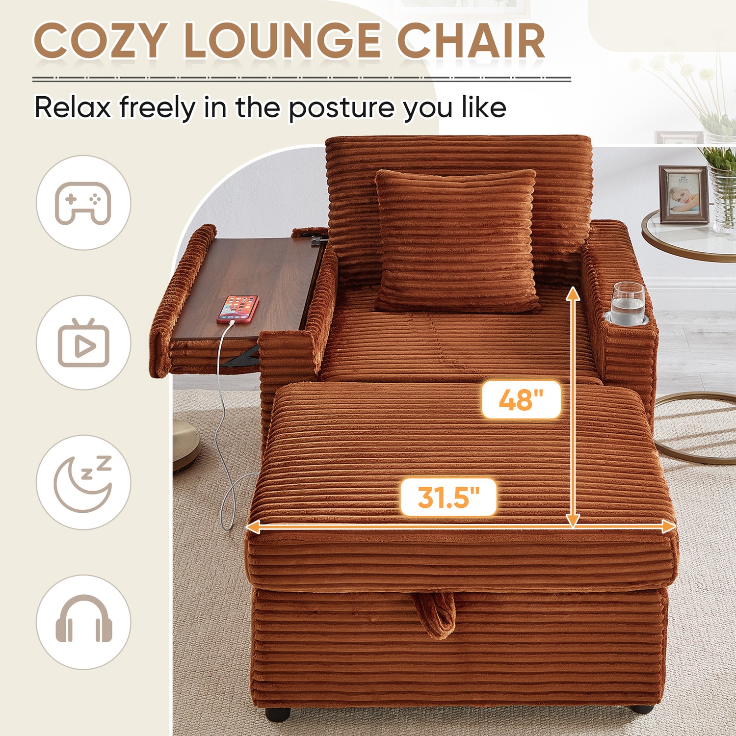 FFH Accent Chair with Storage Ottoman &amp; Side Table, Cozy Lounge Chair with USB, Modern Single Sofa Armchair for Living Room, Orange Corduroy