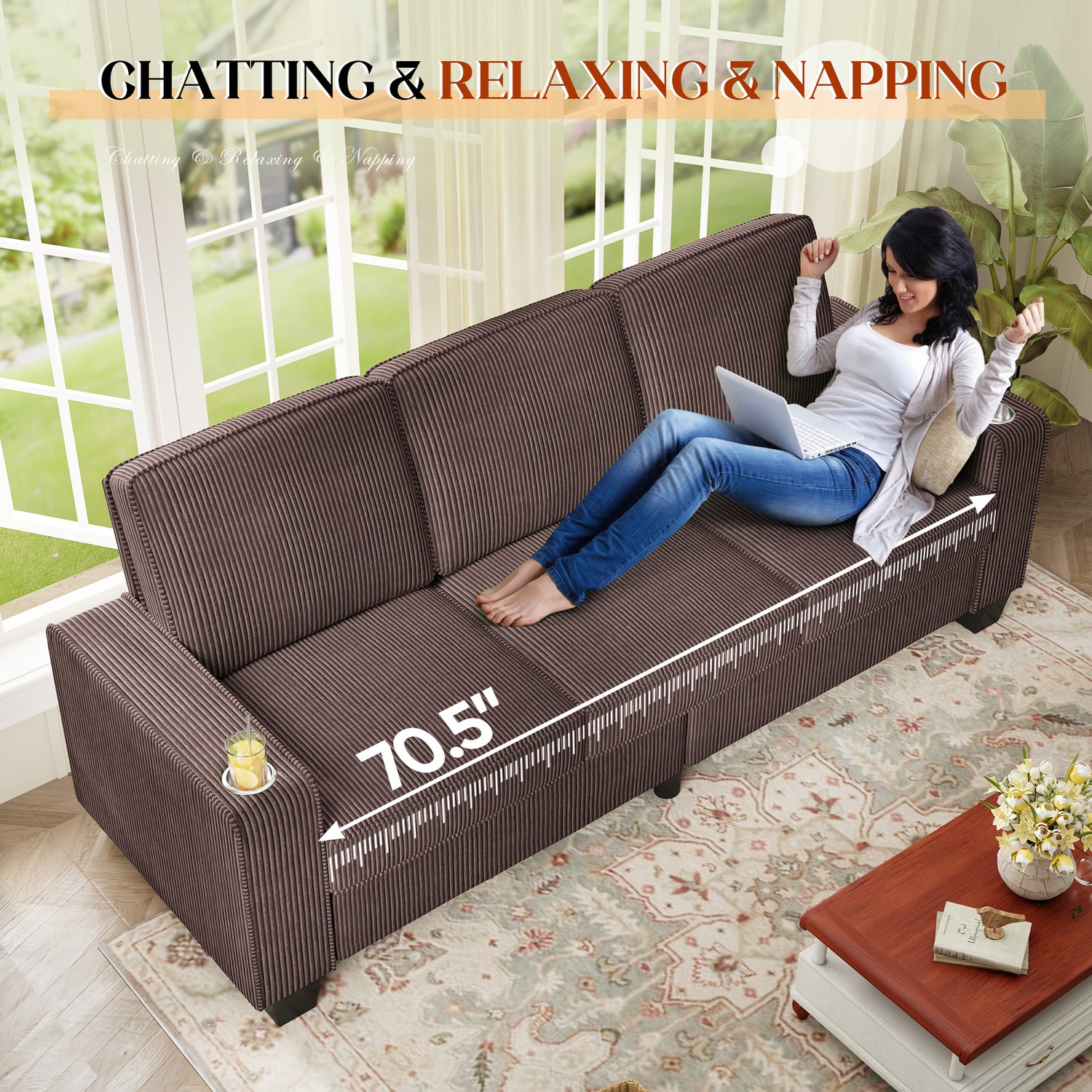 FFH 83.5" Living Room Sofa with Cup Holders, Cozy Plush Upholstered Couch, Corduroy Sofa 3-Seater, Brown