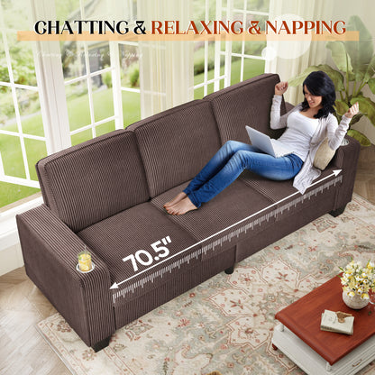 FFH 83.5" Living Room Sofa with Cup Holders, Cozy Plush Upholstered Couch, Corduroy Sofa 3-Seater, Brown