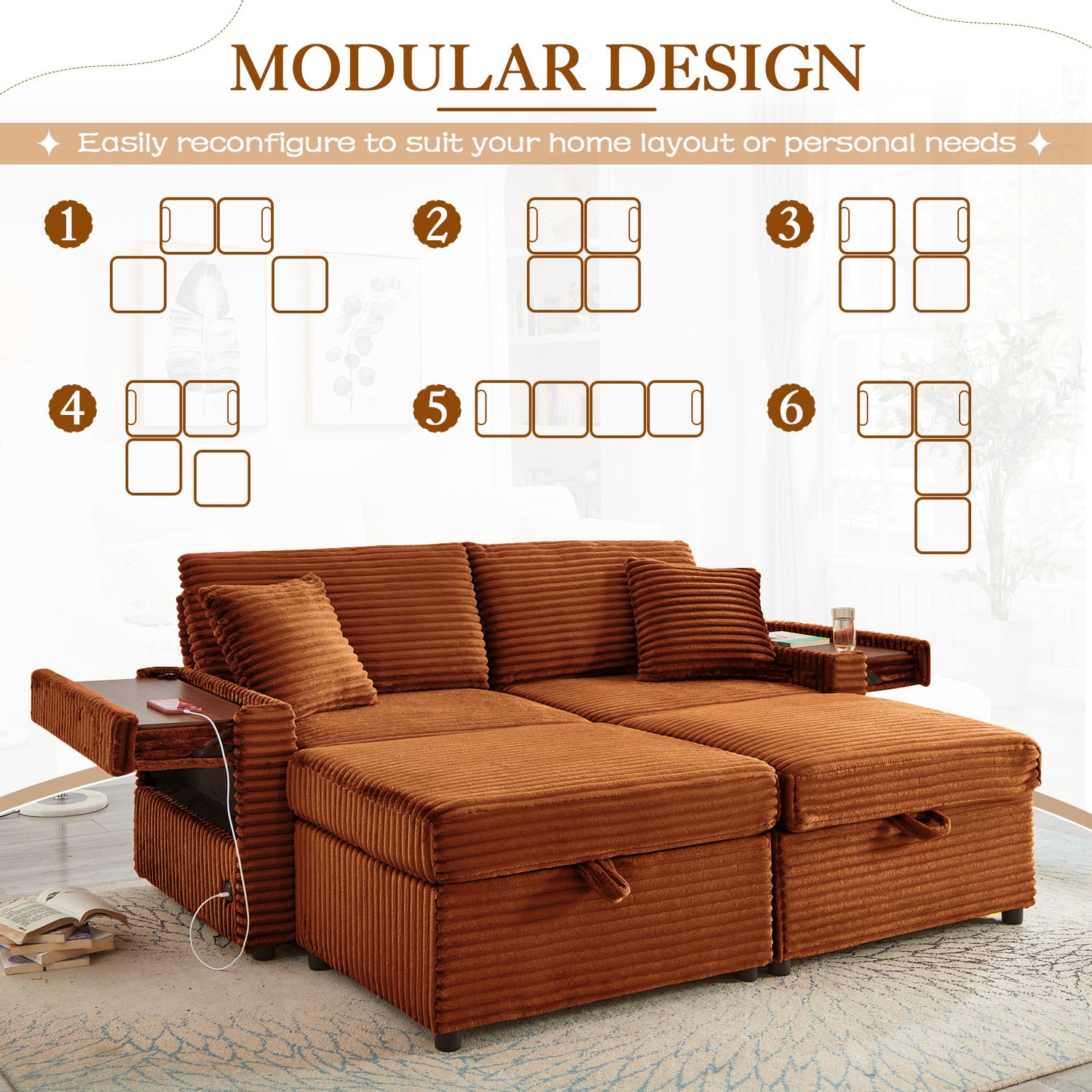 FFH Loveseat Sectional Sofa with 2 Storage Ottomans, Modular Cloud Couch with 2 Side Tables &amp; USB, Plush Double Chaise Lounge Sofa Bed Indoor, Orange Corduroy