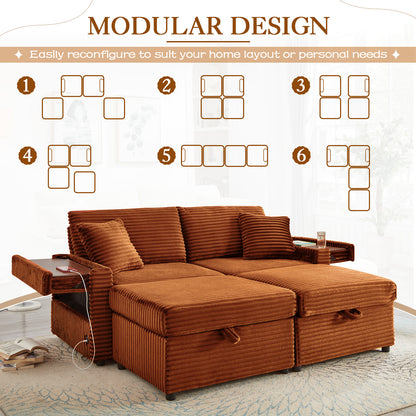FFH Loveseat Sectional Sofa with 2 Storage Ottomans, Modular Cloud Couch with 2 Side Tables &amp; USB, Plush Double Chaise Lounge Sofa Bed Indoor, Orange Corduroy