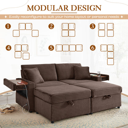 FFH Loveseat Sectional Sofa with 2 Storage Ottomans, Modular Cloud Couch with 2 Side Tables &amp; USB, Plush Double Chaise Lounge Sofa Bed Indoor, Brown Corduroy