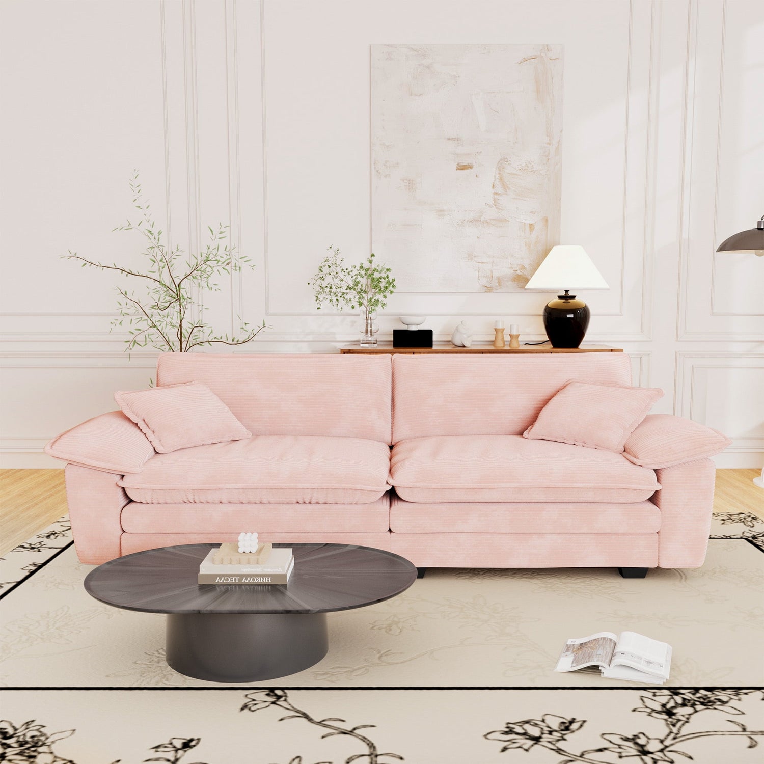 FFH 80.5" Corduroy Loveseat Sofa, Oversized Upholstered 2-Seater Fluffy Cloud Sleeper Couch for Living Room/Apt, Pink