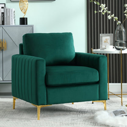 FFH Modern Accent Chair, Upholstered Single Sofa Chair Club Arm Chair for Living Room, Comfy Armchair with Metal Legs, Tufted Chair for Reading, Green Velvet