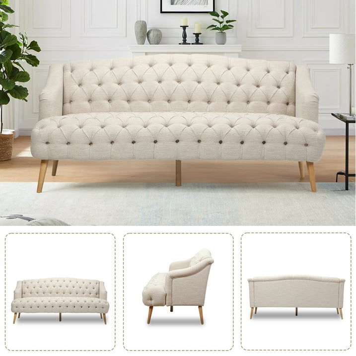 FFH 3-Seater Velvet Lounge Sofa with Tufted Backrest &amp; Deep Seat Cushion, Comfy Upholstered Couch with Wood Legs, 73.25&quot;*33.25&quot;*32.5&quot;