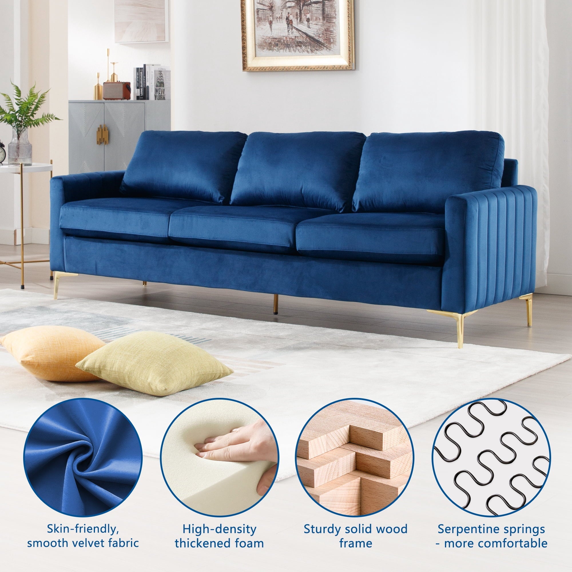 FFH 2 Pieces Velvet Living Room Sets, Modern 2 Seater Loveseat Sofa and 3 Seater Sofa Couch, Navy Blue