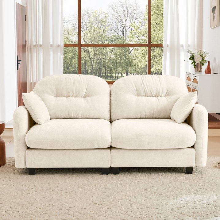 FFH Loveseat Sofa, 74" Cloud Sectional Couches for Living Room, Tufted 2-Seat Chenille Sofa with 2 Pillows, Wooden Base, Beige