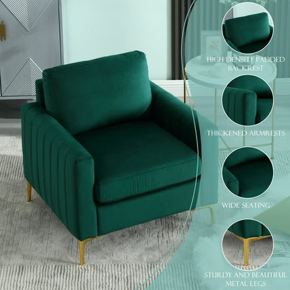 FFH Modern Accent Chair, Upholstered Single Sofa Chair Club Arm Chair for Living Room, Comfy Armchair with Metal Legs, Tufted Chair for Reading, Green Velvet