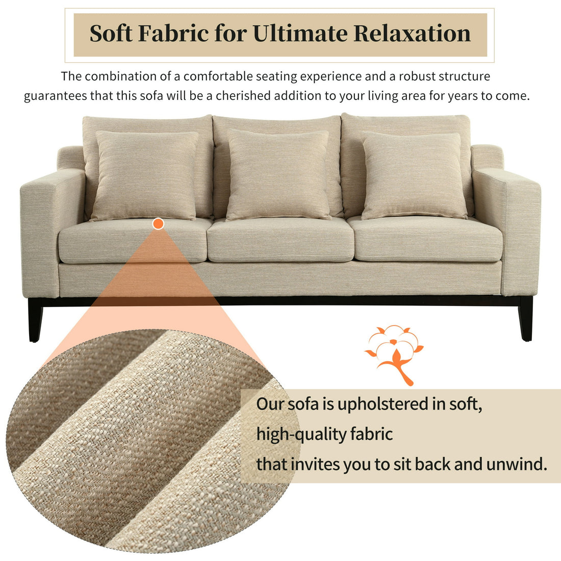 FFH 3-Seater Fabric Lounge Sofa with 3 Pillows &amp; Deep Seat, Modern Comfy Upholstered Couch with Wood Legs, 80.5&quot;*34&quot;*34&quot;