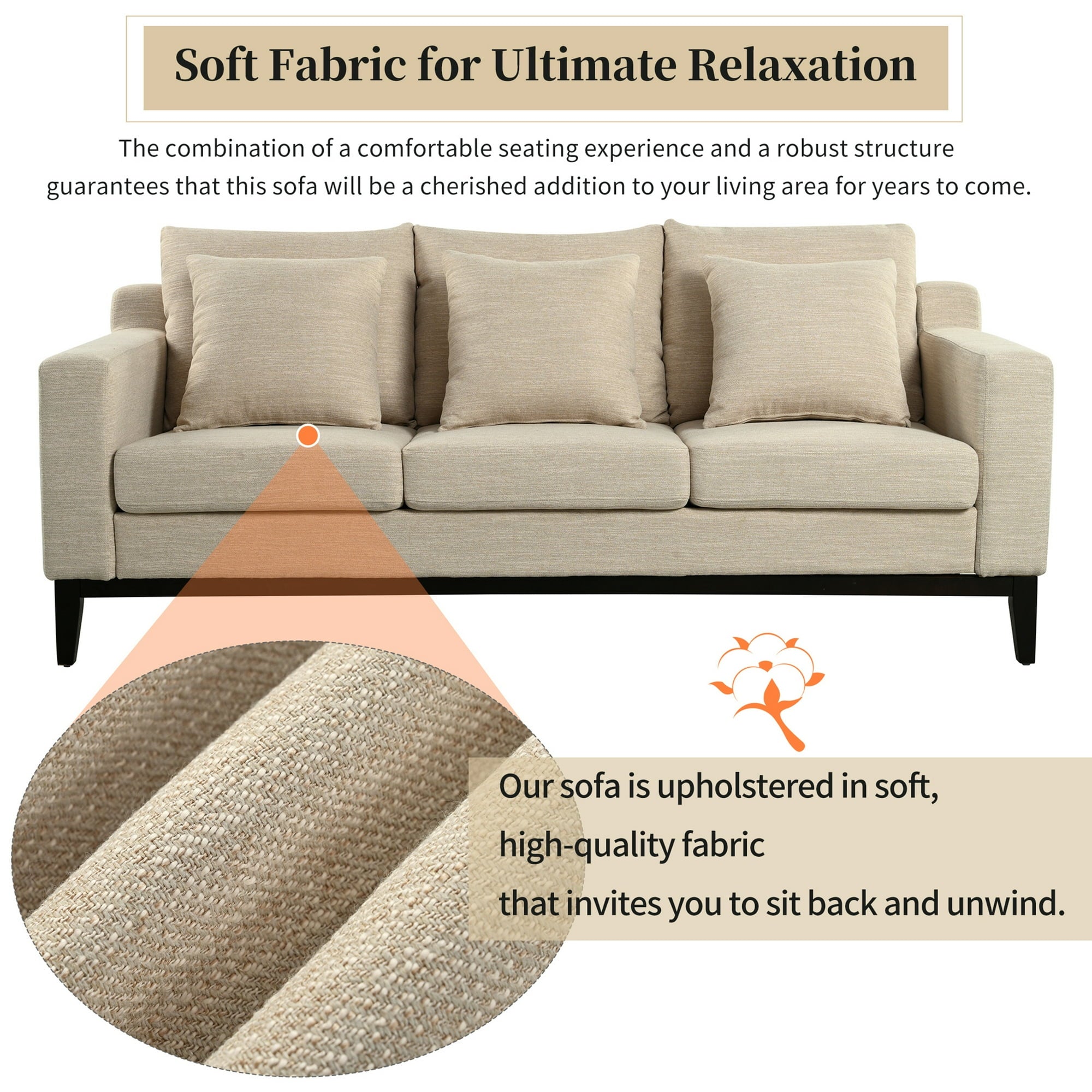 FFH 3-Seater Fabric Lounge Sofa with 3 Pillows &amp; Deep Seat, Modern Comfy Upholstered Couch with Wood Legs, 80.5&quot;*34&quot;*34&quot;