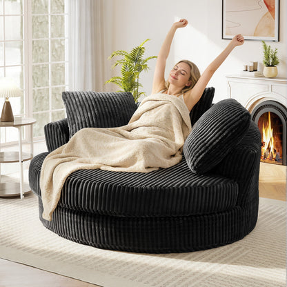 Muumblus 61" Oversized Round Boneless Lounge Chaise Chair Indoor, Corduroy Deep Seat Cloud Couch Sleeper Sofa Bed with 3 Pillows, No Assembly Barrel Chair for Living Room, Gray