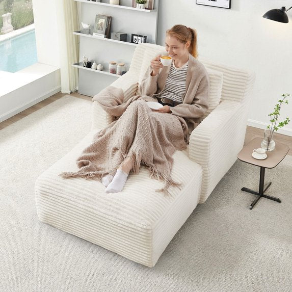 FFH 65.4" Chaise Lounge Indoor, Modern Corduroy Fabric Indoor Lounge Chair, Sleeper Sofa for Living Room, Small Space, White