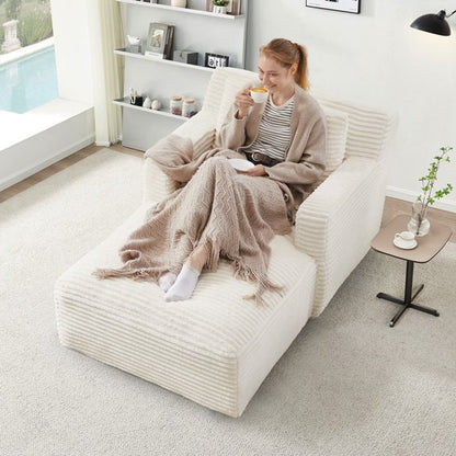 FFH 65.4" Chaise Lounge Indoor, Modern Corduroy Fabric Indoor Lounge Chair, Sleeper Sofa for Living Room, Small Space, White