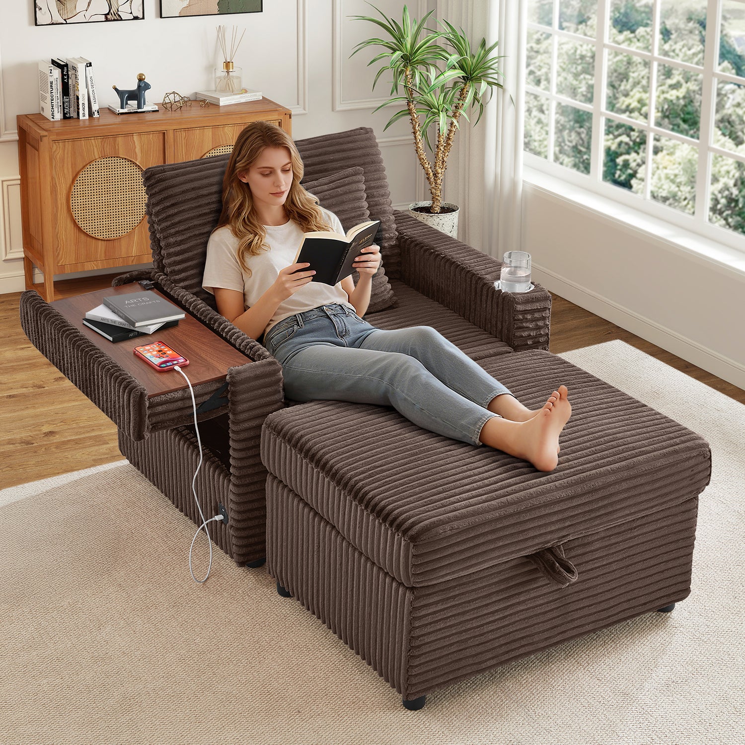 FFH Accent Chair with Storage Ottoman &amp; Side Table, Cozy Lounge Chair with USB, Modern Single Sofa Armchair for Living Room, Brown Corduroy