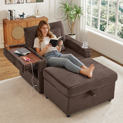 FFH Accent Chair with Storage Ottoman &amp; Side Table, Cozy Lounge Chair with USB, Modern Single Sofa Armchair for Living Room, Brown Corduroy