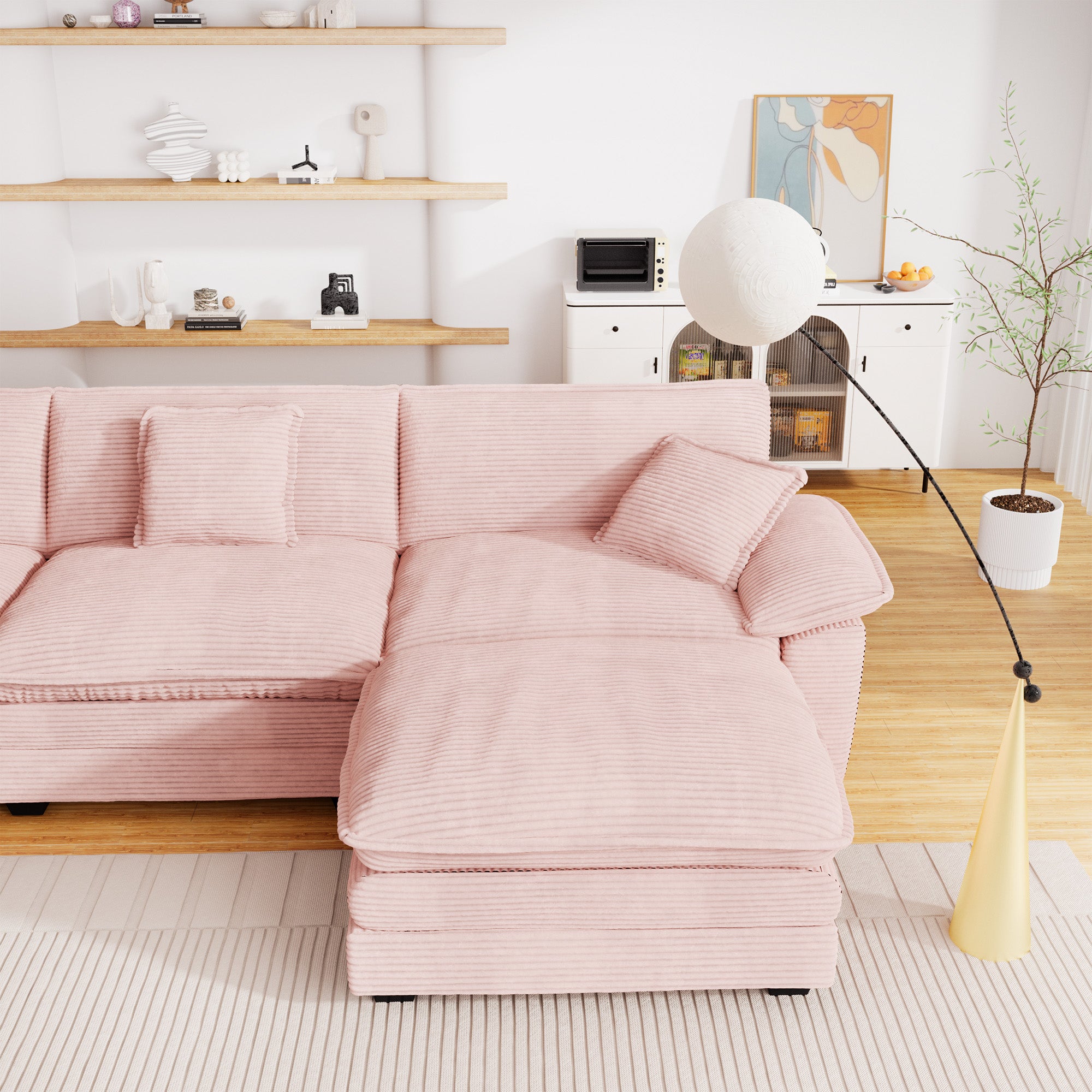 FFH Modular Sectional Cloud Couch with Ottoman, Oversized L-Shaped Corduroy Sofa for Living Room, Pink