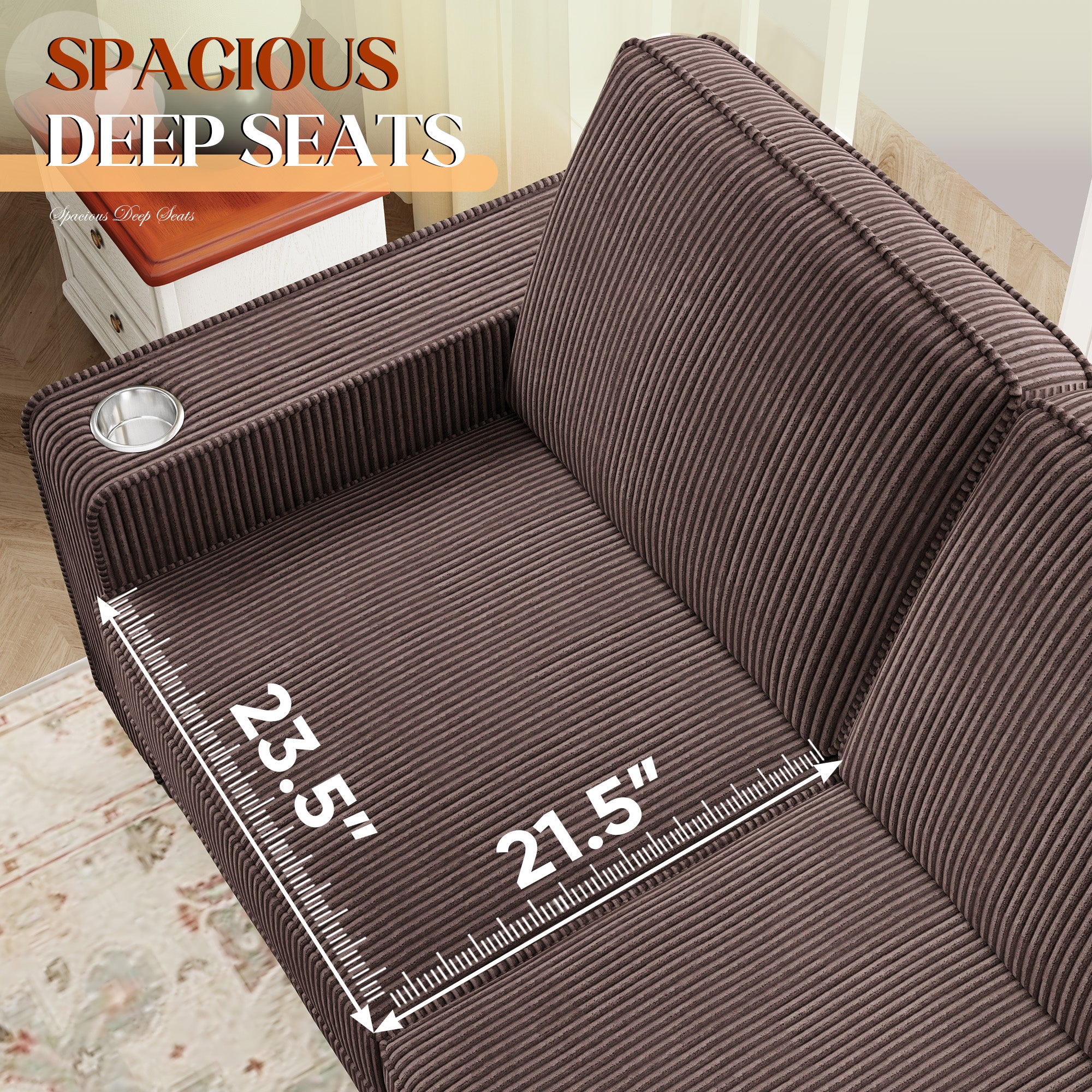 FFH 83.5" Living Room Sofa with Cup Holders, Cozy Plush Upholstered Couch, Corduroy Sofa 3-Seater, Brown