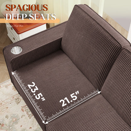 FFH 83.5" Living Room Sofa with Cup Holders, Cozy Plush Upholstered Couch, Corduroy Sofa 3-Seater, Brown