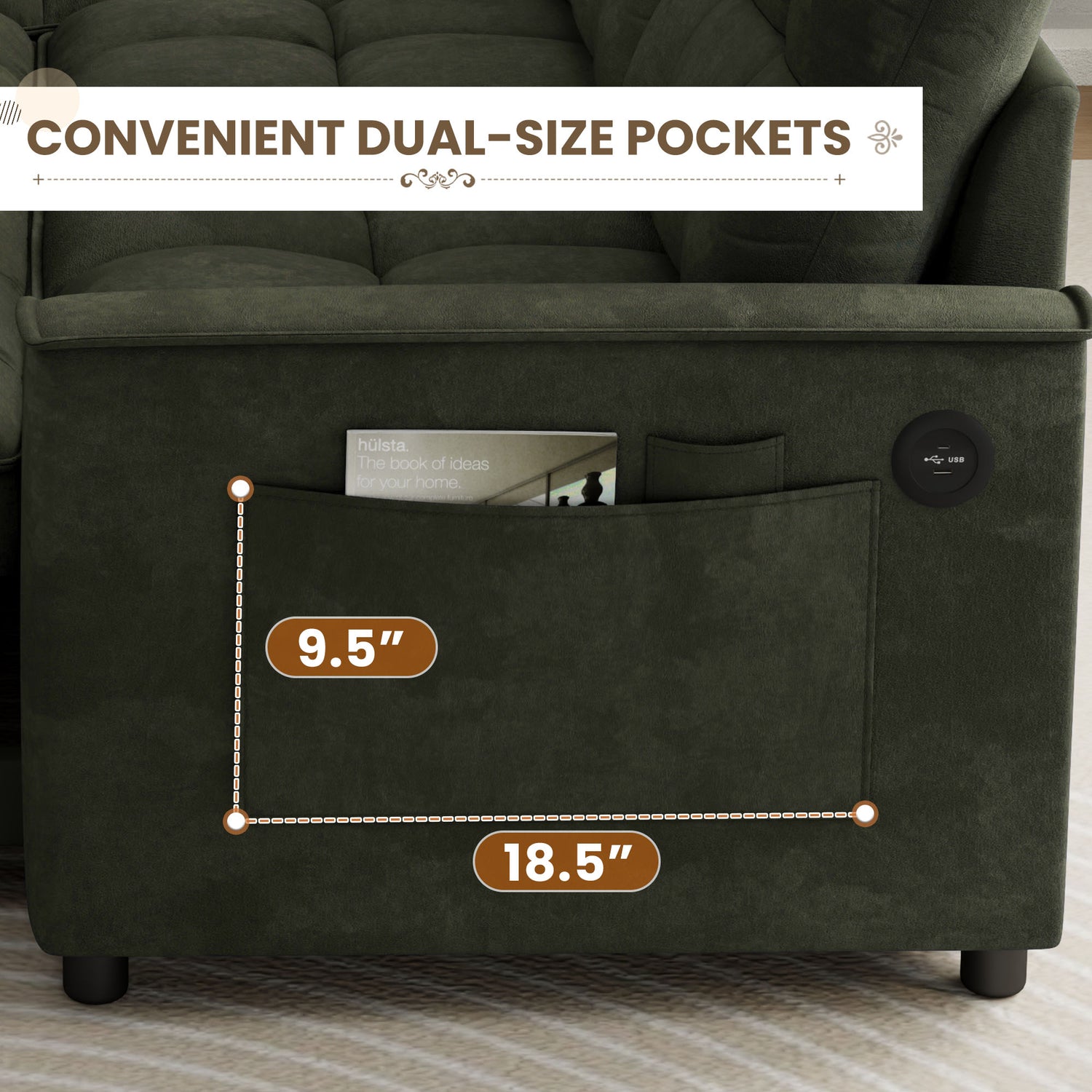 FFH Convertible Sofa Bed, Sectional Sleeper Sofa with Storage Chaise, L-Shaped Couch for Living Room, Green Chenille