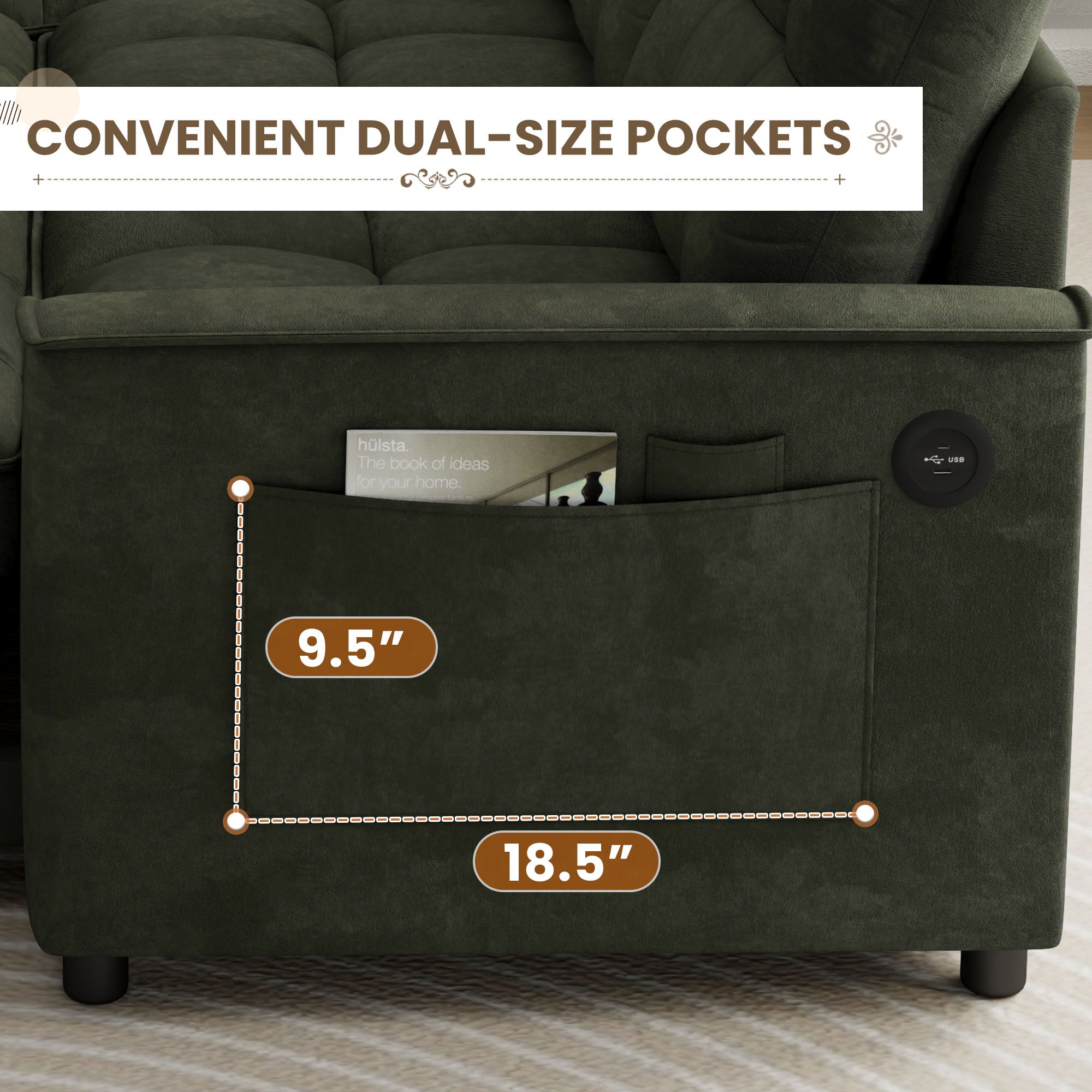 FFH Convertible Sofa Bed, Sectional Sleeper Sofa with Storage Chaise, L-Shaped Couch for Living Room, Green Chenille