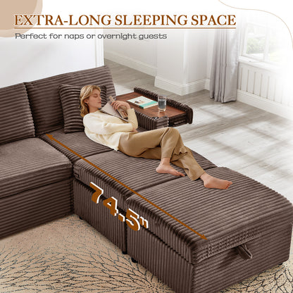 FFH Loveseat Sectional Sofa with 2 Storage Ottomans, Modular Cloud Couch with 2 Side Tables &amp; USB, Plush Double Chaise Lounge Sofa Bed Indoor, Brown Corduroy