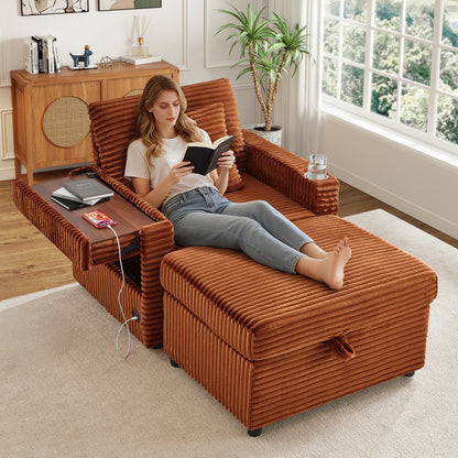 FFH Accent Chair with Storage Ottoman &amp; Side Table, Cozy Lounge Chair with USB, Modern Single Sofa Armchair for Living Room, Orange Corduroy