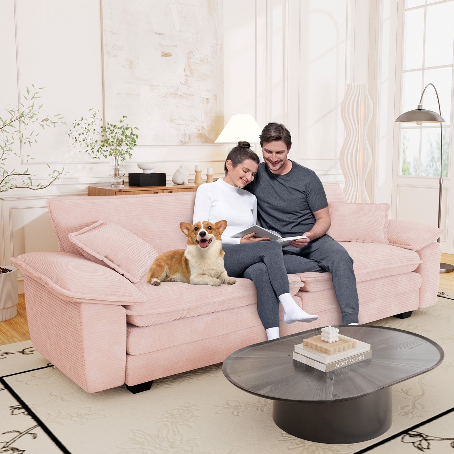 FFH 80.5" Corduroy Loveseat Sofa, Oversized Upholstered 2-Seater Fluffy Cloud Sleeper Couch for Living Room/Apt, Pink
