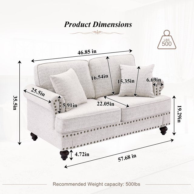 FFH Mid-Century Loveseat Sofa, 2 Seater Sofa with Nailhead, 61&quot; Chenille Upholstered Couches for Living Room, White