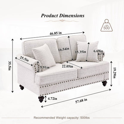 FFH Mid-Century Loveseat Sofa, 2 Seater Sofa with Nailhead, 61&quot; Chenille Upholstered Couches for Living Room, White