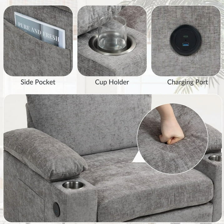 FFH Accent Chair, Modern Oversized Chair with Ottoman, Chenille Comfy Sofa Bed with Cup Holders, Charging Ports and Storage Space