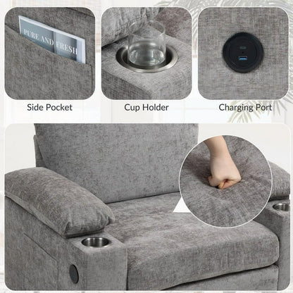 FFH Accent Chair, Modern Oversized Chair with Ottoman, Chenille Comfy Sofa Bed with Cup Holders, Charging Ports and Storage Space