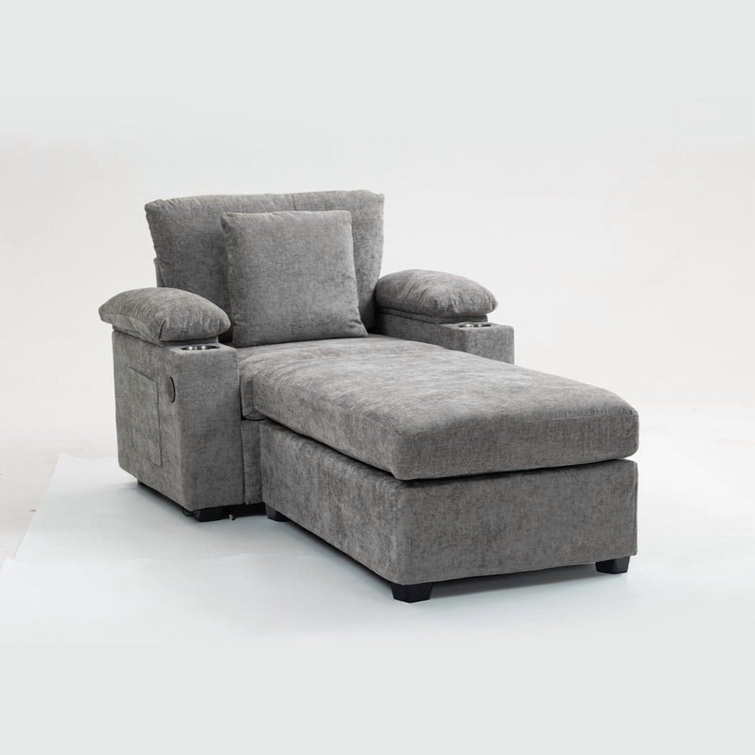 FFH Accent Chair, Modern Oversized Chair with Ottoman, Chenille Comfy Sofa Bed with Cup Holders, Charging Ports and Storage Space