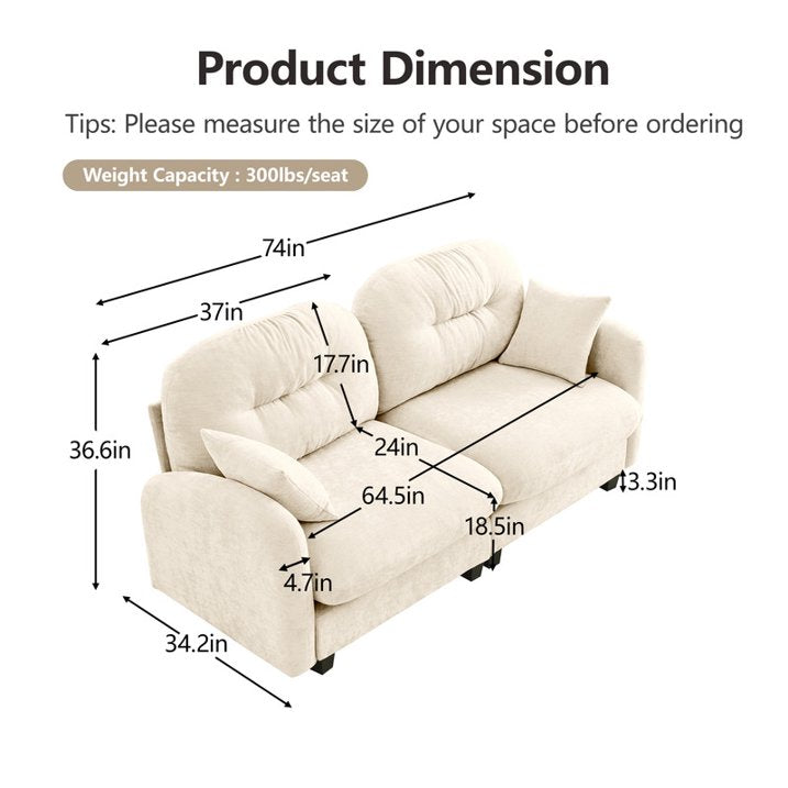 FFH Loveseat Sofa, 74" Cloud Sectional Couches for Living Room, Tufted 2-Seat Chenille Sofa with 2 Pillows, Wooden Base, Beige