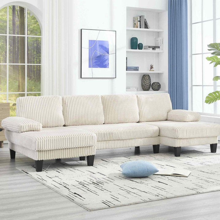 FFH 114" U Shaped Sectional Sofa, Oversized Modular Cloud Couch with Double Chaise, Corduroy 4 Seater Sofa Set for Living Room, Beige
