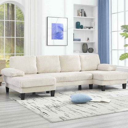 FFH 114" U Shaped Sectional Sofa, Oversized Modular Cloud Couch with Double Chaise, Corduroy 4 Seater Sofa Set for Living Room, Beige