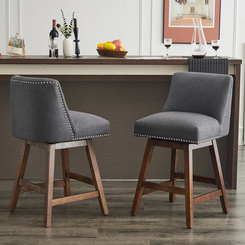 FFH 26" Upholstered Swivel Bar Stools Set of 2, Modern Linen Fabric High Back Counter Stools with Nail Head Design and Wood Frame