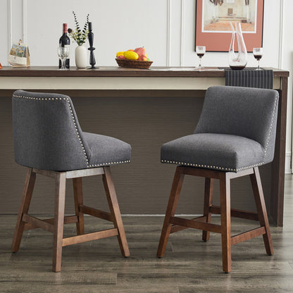 FFH 26&quot; Upholstered Swivel Bar Stools Set of 2, Modern Linen Fabric High Back Counter Stools with Nail Head Design and Wood Frame