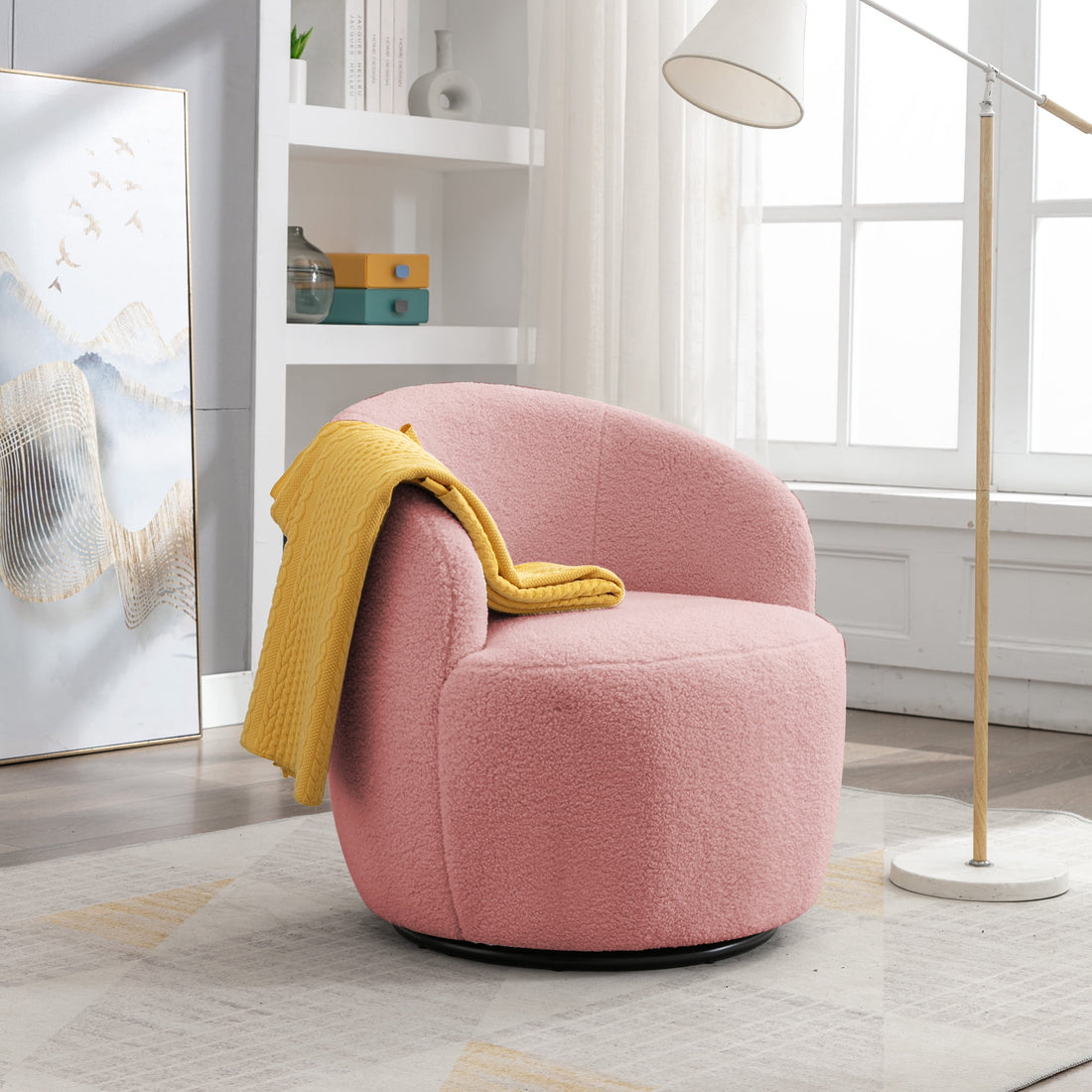 FFH Swivel Accent Chair Barrel Chair, Round Sherpa Armchair Sofa Chair for Living Room, Pink Teddy