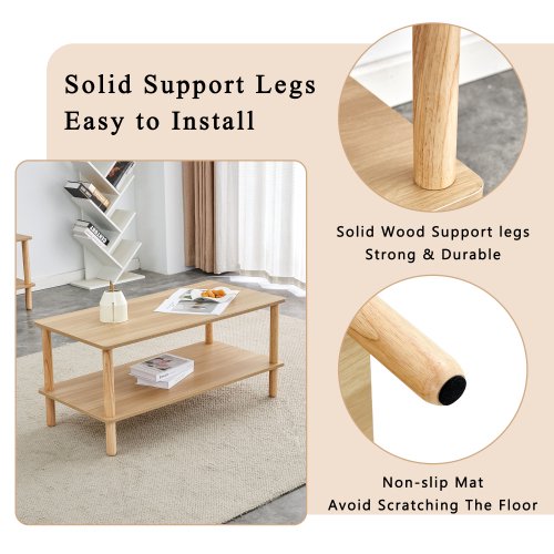 FFH Modern 2-Tier Coffee Table for Living Room Furniture,40 Inch Rectangular Center Table with Open Storage Shelf,Rounded Rubberwood legs,Stable and Durable,Easy Assembly