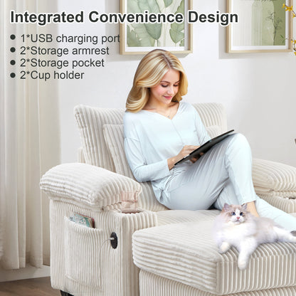 FFH Living Room Chair with Ottoman, 7-Speed Adjustable Backrest, USB &amp; Storage Arms, Cozy Indoor Corduroy Lounge Armchair, Beige