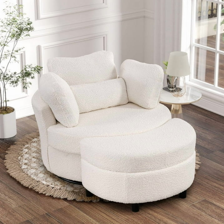 FFH 42&quot; Oversized Swivel Accent Chair with Storage Ottoman, Comfy Teddy Armchair for Living Room, 360-Degree Swivel Barrel Chair, Metal Base