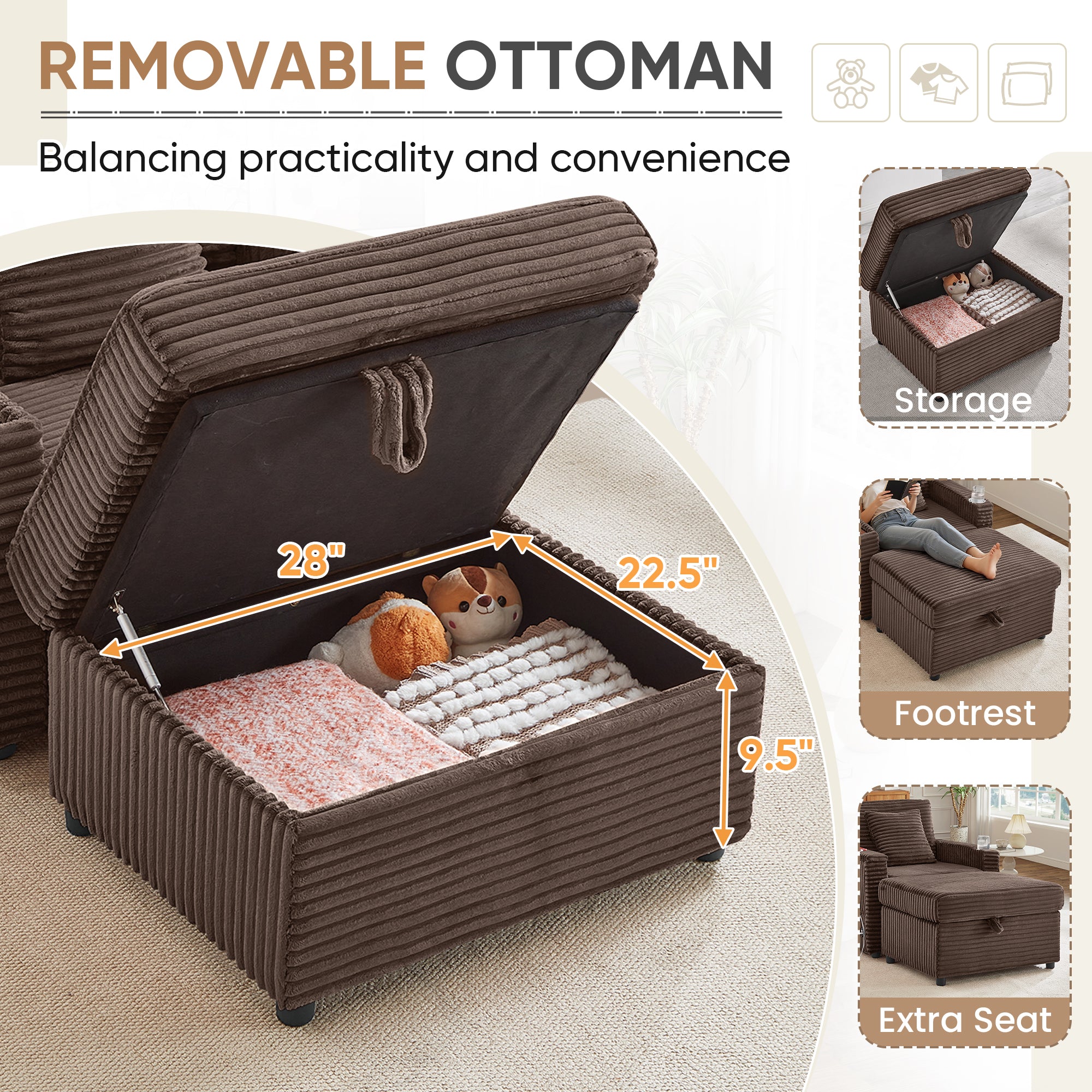 FFH Accent Chair with Storage Ottoman &amp; Side Table, Cozy Lounge Chair with USB, Modern Single Sofa Armchair for Living Room, Brown Corduroy