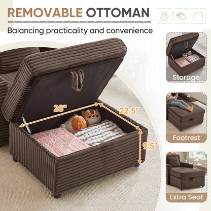 FFH Accent Chair with Storage Ottoman &amp; Side Table, Cozy Lounge Chair with USB, Modern Single Sofa Armchair for Living Room, Brown Corduroy