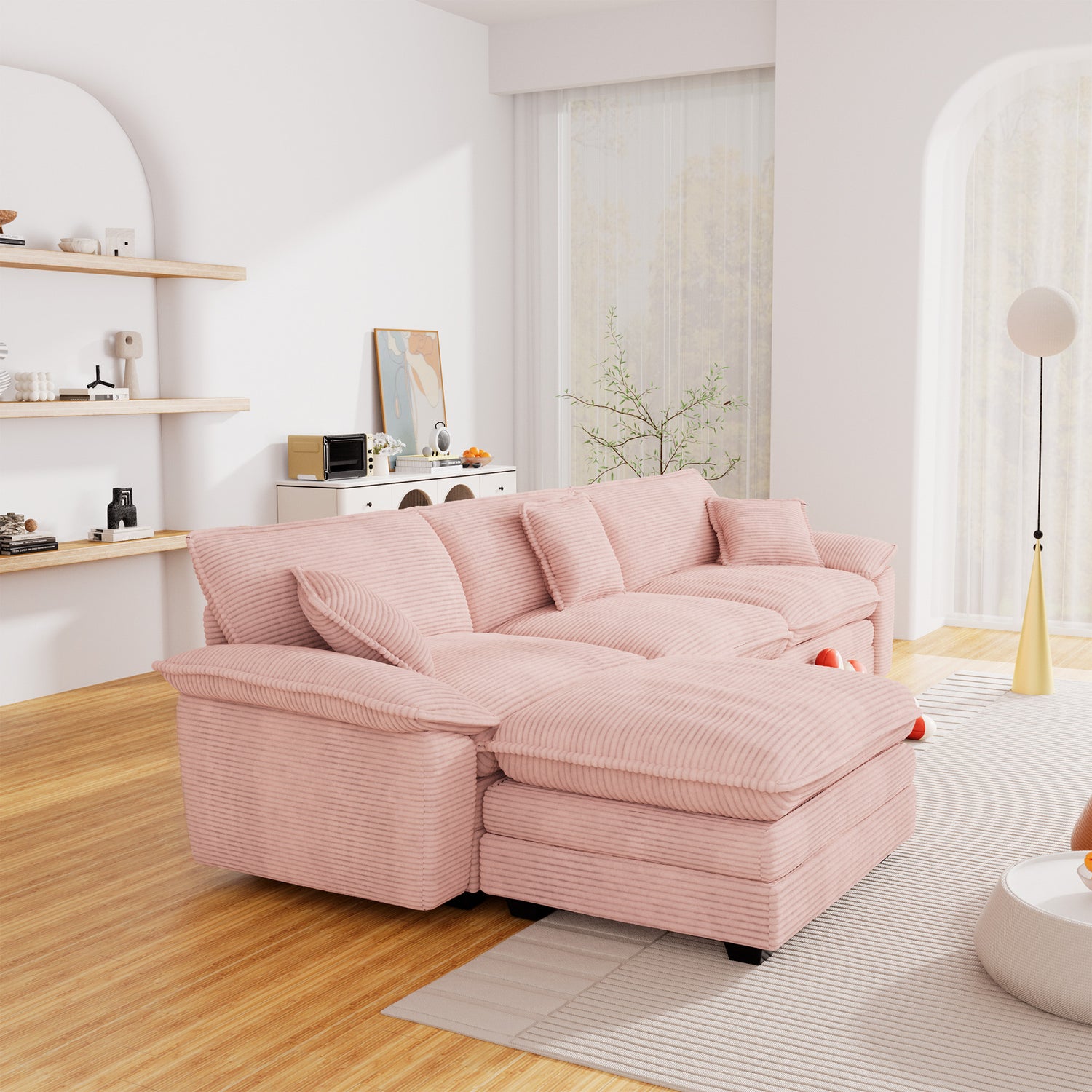 FFH Modular Sectional Cloud Couch with Ottoman, Oversized L-Shaped Corduroy Sofa for Living Room, Pink