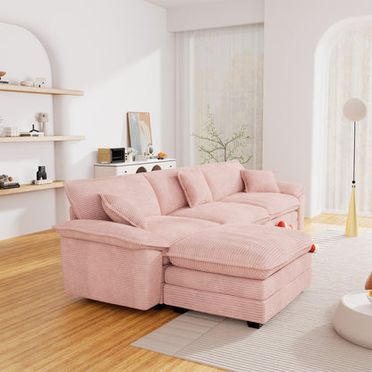 FFH Modular Sectional Cloud Couch with Ottoman, Oversized L-Shaped Corduroy Sofa for Living Room, Pink