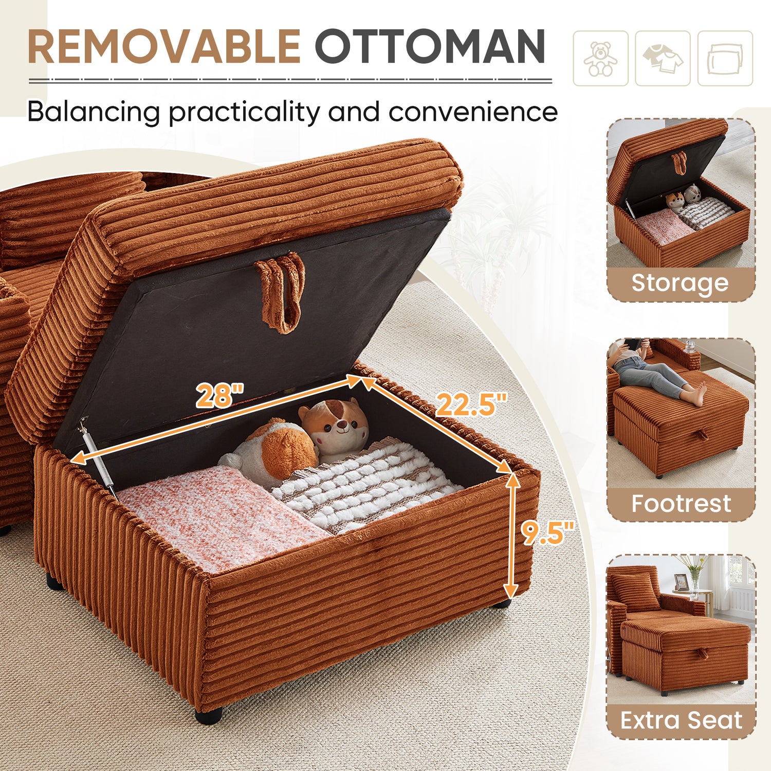 FFH Accent Chair with Storage Ottoman &amp; Side Table, Cozy Lounge Chair with USB, Modern Single Sofa Armchair for Living Room, Orange Corduroy