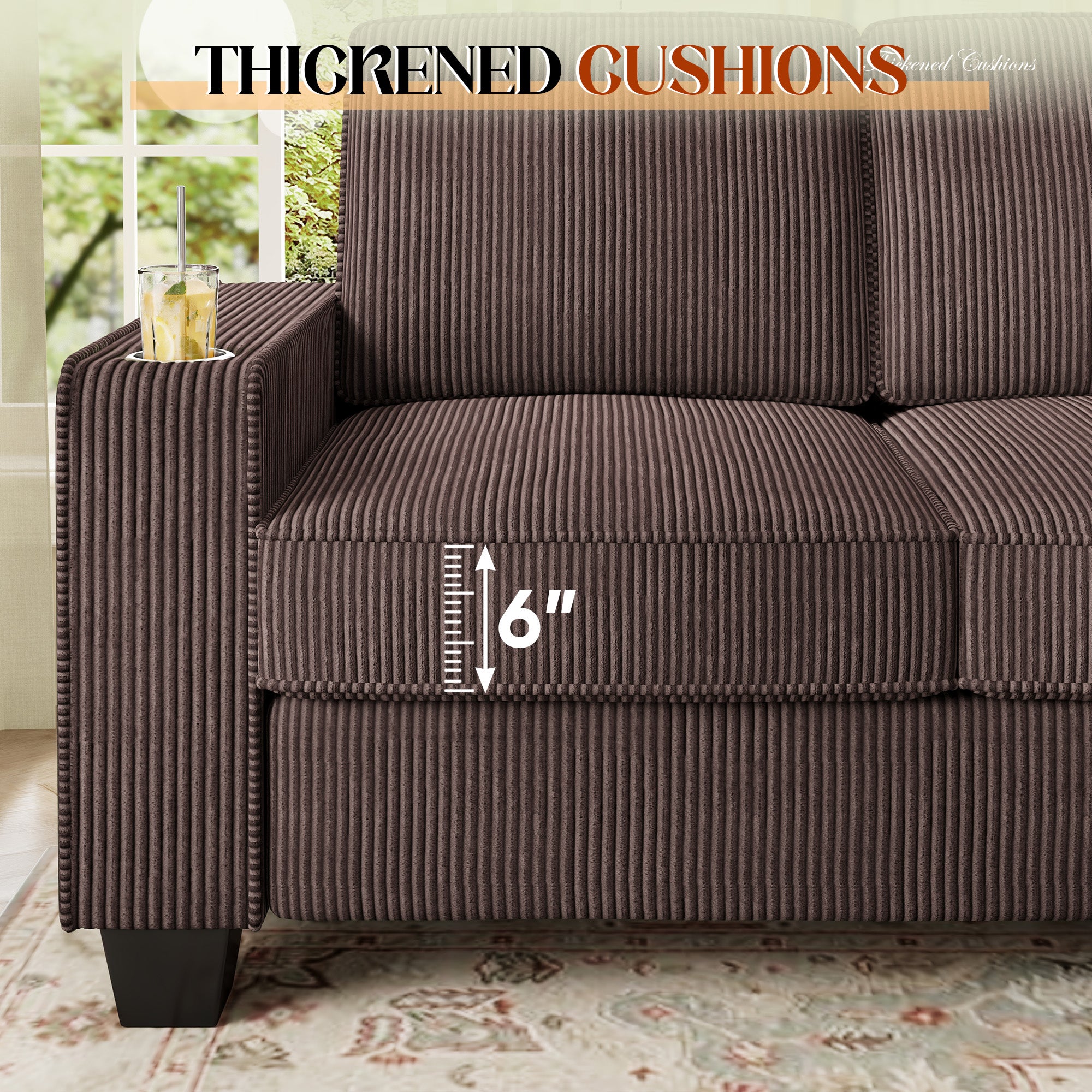 FFH 83.5" Living Room Sofa with Cup Holders, Cozy Plush Upholstered Couch, Corduroy Sofa 3-Seater, Brown